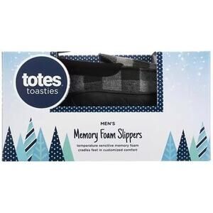 New Totes Toasties Mens Memory Foam Slippers Medium 8-9 Gray Buffalo Plaid Check
